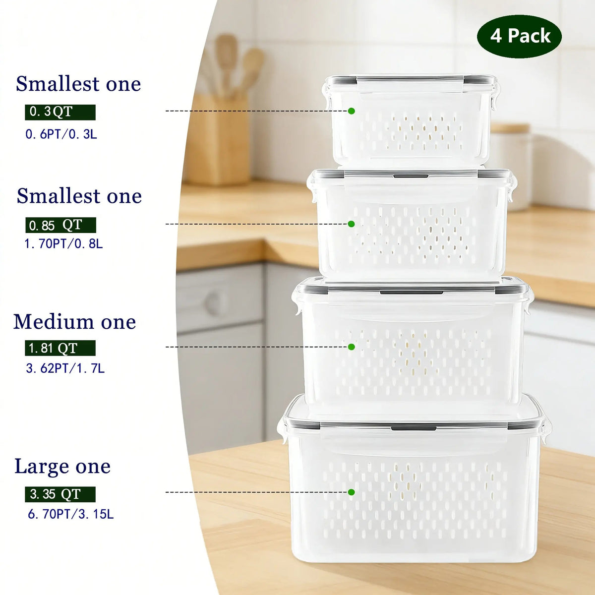 Stackable Fridge Organizers & Food Storage Containers – BPA-Free Produce Keepers with Removable Colander (8/10/12/16 Pack)